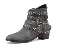 REKALFO Tacón apilado Mujeres Botas De Invierno Con Cremallera Hebilla Cómodo lindo dedo del pie puntiagudo tobillo botas para mujer de tacón bajo Gris 38 EU