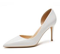 REKALFO Tacones Cerrados para Mujer Charol Tacón Gatito Bombas De Las Mujeres para La Oficina del Partido De la Boda Graduación Zapatos Blanco 8cm 38 EU
