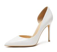 REKALFO Tacones Cerrados para Mujer Charol Tacón Gatito Bombas De Las Mujeres para La Oficina del Partido De la Boda Graduación Zapatos Blanco 10cm 37 EU