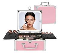 Relavel Bolsa de maquillaje con espejo LED, bonita caja de maquillaje, estuche de viaje con espejo iluminado recargable, organizador de brochas de cosméticos, almacenamiento para artistas de