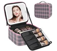Relavel Bolsa de maquillaje de viaje con espejo LED, bolsa organizadora de cosméticos portátil con brillo ajustable en 3 escenarios de color, estuche de tren pequeño con separadores desmontables para