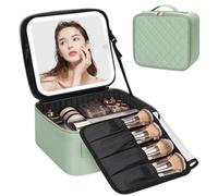 Relavel Bolsa de maquillaje de viaje con espejo LED, bolsa organizadora de cosméticos portátil con brillo ajustable en 3 escenarios de color, estuche de tren pequeño con separadores desmontables para