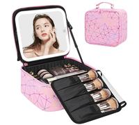 Relavel Bolsa de maquillaje de viaje con espejo LED, estuche portátil para cosméticos con espejo de brillo iluminado de 3 colores, organizador de maquillaje con separadores ajustables, caja de
