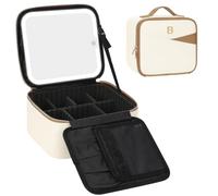 Relavel Bolsa de maquillaje personalizada con inicial y espejo LED, Beige, Small, Bolsa de maquillaje con inicial y espejo LED para mujer
