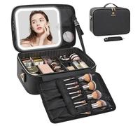 Relavel Estuche de maquillaje con espejo LED, bolsa de cosméticos de viaje profesional con divisiones extraíbles, organizador de maquillaje compacto con tablero de brochas separado, estuche de viaje