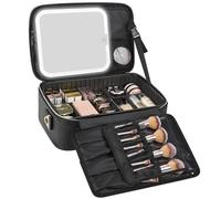Relavel Estuche de maquillaje con espejo LED, bolsa de cosméticos profesional de viaje con divisiones extraíbles, organizador de maquillaje compacto, estuche impermeable para mujer, color negro