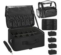 Relavel Estuche de maquillaje extra grande profesional organizador de cosméticos con 4 bolsas transparentes y placa de lápiz labial para artistas de maquillaje, Negro con estuche para cepillos, XL