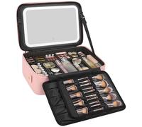 Relavel Estuche de maquillaje grande con espejo LED, estuche de cosméticos de tren con tablero de brochas separado, organizador de maquillaje profesional con separadores desmontables para artistas de