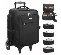 Relavel Estuche profesional de maquillaje con ruedas grandes, asa desmontable, organizador de cosméticos con cerradura con correas de mochila, separadores ajustables, 4 bolsas pequeñas para viajes de