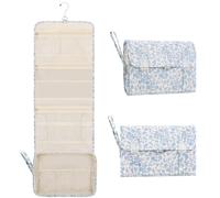 Relavel - Neceser de Viaje con Gancho, Neceser Colgante Floral para Mujer, Gran Capacidad, Organizador de Maquillaje y cosméticos para envases de tamaño Completo y Accesorios, Azul con Flores