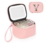 Relavel Pequeña bolsa de maquillaje con espejo LED, bolsas de maquillaje con inicial para mujer con 3 modos de luz, estuche de cosméticos personalizado con correa de muñeca, bolsa de maquillaje