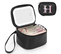 Relavel Pequeña bolsa de maquillaje con espejo LED, bolsas de maquillaje con inicial para mujer con 3 modos de luz, estuche de cosméticos personalizado con correa de muñeca, bolsa de maquillaje