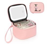 Relavel Pequeña bolsa de maquillaje con espejo LED, bolsas de maquillaje con inicial para mujer con 3 modos de luz, estuche de cosméticos personalizado con correa de muñeca, bolsa de maquillaje