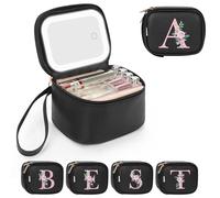 Relavel Pequeña bolsa de maquillaje con espejo LED, bolsas de maquillaje con inicial para mujer con 3 modos de luz, estuche de cosméticos personalizado con correa de muñeca, bolsa de maquillaje