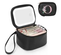 Relavel Pequeña bolsa de maquillaje con espejo LED, bolsas de maquillaje con inicial para mujer con 3 modos de luz, estuche de cosméticos personalizado con correa de muñeca, bolsa de maquillaje