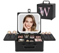 Relavel Regalos de cumpleaños para mujeres, adolescentes, niñas, bolsa de maquillaje con inicial con espejo LED, bolsa de cosméticos personalizada, organizador de viaje, estuche de tren, regalo de