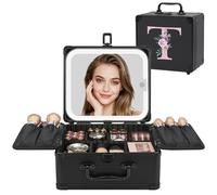 Relavel Regalos de cumpleaños para mujeres, adolescentes, niñas, bolsa de maquillaje con inicial con espejo LED, bolsa de cosméticos personalizada, organizador de viaje, estuche de tren, regalo de