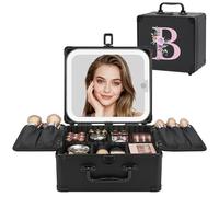 Relavel Regalos de cumpleaños para mujeres, adolescentes, niñas, bolsa de maquillaje con inicial con espejo LED, bolsa de cosméticos personalizada, organizador de viaje, estuche de tren, regalo de