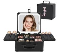 Relavel Regalos de cumpleaños para mujeres, adolescentes, niñas, bolsa de maquillaje con inicial con espejo LED, bolsa de cosméticos personalizada, organizador de viaje, estuche de tren, regalo de