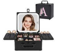 Relavel Regalos de cumpleaños para mujeres, adolescentes, niñas, bolsa de maquillaje con inicial con espejo LED, bolsa de cosméticos personalizada, organizador de viaje, estuche de tren, regalo de