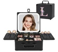 Relavel Regalos de cumpleaños para mujeres, adolescentes, niñas, bolsa de maquillaje con inicial con espejo LED, bolsa de cosméticos personalizada, organizador de viaje, estuche de tren, regalo de