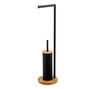 Relax World Soporte para rollo de papel higiénico y escobilla de acero inoxidable y madera de bambú, soporte para rollos de papel higiénico de baño negro, dimensiones 19 x 19 x 73 cm