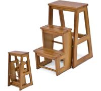 RELAX4LIFE 2 en 1 Taburete Plegable de 3 Peldaños de Madera de Pino, Taburete Escalera Multifuncional con 6 Almohadillas Antideslizantes para Cocina, Dormitorio y Tienda, 38,5x57x66cm (Marrón Claro)