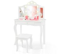 RELAX4LIFE 2 en 1 Tocador de Maquillaje Niña con 9 Luces LED de 3 Colores, Espejo Triple Extraíble y Cajón, Tocador Niña de Madera con Taburete para Niños de 3+ Años, Escritorio Infantil (Blanco,L)