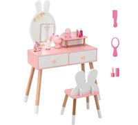 RELAX4LIFE 2 en 1 Tocador de Maquillaje para Niña con Espejo Extraíble y Taburete, Tocador Niña con 2 Cajones y 3 Accesorios, Maquillaje Niñas, Tocador Infantil de Madera para Niños 3-7 Años (Blanco)
