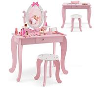 RELAX4LIFE 2 en 1 Tocador de Maquillaje para Niña con Espejo y Taburete, Juego de Mesa de Maquillaje con Espejo Extraíble, Tocador Infantil para Niños 3-7 Años (Rosa)