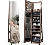 RELAX4LIFE 3 en 1 Espejo Joyero de Pie con 4 Ruedas Giratorias 360°, LED de 3 Colores y 2 Espejos, Armario para Joyas con 3 Estantes de Almacenaje, Espejo de Cuerpo Entero y Cerradura, Marrón Vintage