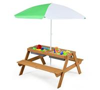 RELAX4LIFE 3 en 1 Mesa Picnic Infantil con Sombrilla Desmontable y Ajustable en Altura 117-187cm, Mesa y Sillas Infantil con 2 Bandejas para Juegos con Arena y Agua, Banco Madera Abeto para 1-4 Niños