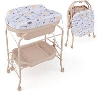 RELAX4LIFE 4 en 1 Cambiador/Bañera Bebe Plegable con 4 Ruedas Universales Bloqueables y 1 Estante, Cambiador Bebe Portátil con Cojín Impermeable, Bañera para Bebé 0-12 Meses, Carga 35kg (Beige)