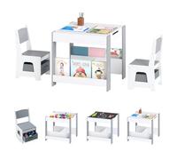 RELAX4LIFE 4 en 1 Mesa Infantil con 2 Sillas, Encimera Convertible para Escribir, Dibujar y Jugar, 2 Estanterías Laterales y Cajones, Juego de Mesa y Sillas de 3 Piezas para Niños de 3+ Años (Gris)