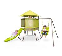 RELAX4LIFE 4 en 1 Parque Infantil de Madera, Columpio de Jardín con Tobogán para Niños, Columpio Ajustable en Altura, Casa re Juegos para Niños, 225 x 203 x 168 cm (Verde)