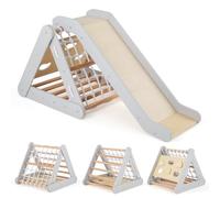 RELAX4LIFE 4 en 1 Trepa Triángulo de Madera con Rampa, Red de Escalada, Escalera y Tablero, Escalada Triángulo Infantil con Tobogán para Sala de Estar, Habitación de Niños, Guardería (Gris)