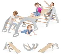 RELAX4LIFE 5 en 1 Triángulo de Escalada para Niños con Tobogán, Arco de Escalada, Escalera, Rampa Reversible, Juguetes Montessori de Madera de Haya para Niños de 1+ Años (Gris)