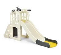 RELAX4LIFE 6 en 1 Tobogán Infantil con Escalador, Canasta de Baloncesto, Lanzamiento del Anillo, Túnel y Telescópico Decorativo, Toboganes Infantiles Exterior de HDPE para Niños 3-8 Años (Amarillo)