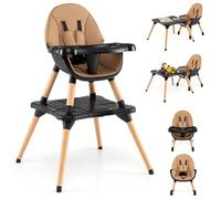 RELAX4LIFE 6 en 1 Trona para Bebés con Bandejas Dobles Extraíbles, Arnés de Seguridad de 5 Puntos, Patas de Madera Haya, Cojín Extraíble, Trona para Bebés 6-36 Meses (Café-Con Tabla de Bloques)