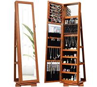 RELAX4LIFE Amario para joyas con espejo completo y espejo pequeño incorporado, gabinete con espejo 2 en 1 y estante para joyería, almacenamiento de joyas con cerradura (Marrón)