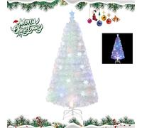 RELAX4LIFE Árbol de Navidad blanco artificial de 120 cm con luces de fibra óptica y adornos: 1 estrella y copos de nieve LED, ramas gruesas y realistas de PVC, base plegable de hierro