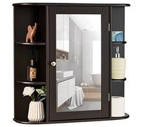 RELAX4LIFE Armario de Baño de Pared con Espejo, Estante Ajustable y Puerta, Mueble de Baño con 4 Estantes Interiores y 6 Estantes Exteriores para Entrada, Salón y Lavandería, 66x16,5x63cm (Marrón)