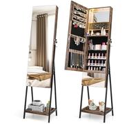 RELAX4LIFE Armario para joyas con espejo, armario con espejo con 3 LED de colores, organizador de joyas con cajón y estante, estantería para joyas con cerradura, para dormitorio, salón (marrón