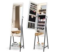 RELAX4LIFE Armario para joyas con espejo, armario con espejo con 3 LED de colores, organizador de joyas con cajón y estante, estantería para joyas con cerradura, para dormitorio, salón (blanco)