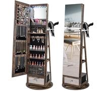 RELAX4LIFE Armario para joyas con espejo de cuerpo entero, armario con espejo 4 en 1 con 6 luces LED, 5 cajones, 3 estantes y soporte para secador de pelo, organizador de joyas giratorio 360° y con