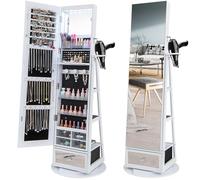 RELAX4LIFE Armario para joyas con espejo de cuerpo entero, armario con espejo 4 en 1 con 6 luces LED, 5 cajones, 3 estantes y soporte para secador de pelo, organizador de joyas giratorio 360° y con