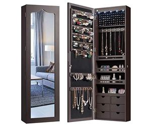 RELAX4LIFE Armario para Joyas de Pared o para Colgar con LED Automáticos, Cerraduras y Llaves, Armario de Almacenaje con Espejo, Altura Ajustable, 3 Barandillas y 6 Tiradores, 36,5x11,5x120cm, Marrón