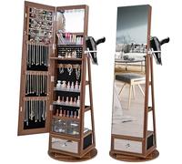 RELAX4LIFE Armario para joyas giratorio 360°, armario con espejo 4 en 1 con luz LED, cajones y estanterías, almacenamiento de joyas, espejo de cuerpo entero, soporte para joyas con cerradura (marrón)