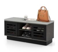 RELAX4LIFE Banco Zapatero de Madera con Cojín, Banco para Zapatos con 6 Niveles y 3 Estantes Ajustables, 2 Puertas Correderas, Ahorro de Espacio, Zapatero para Entrada, 99,5 x 34,5 x 46 cm (Gris)