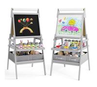 RELAX4LIFE Caballete Infantil de Doble Cara con Pizarra Magnética y Pizarra de Tiza, Rollos de Papel, Bandejas, 4 Tazas y 2 Cajones de Tela, Caballete de Madera para Niños 3-10 Años (Gris)
